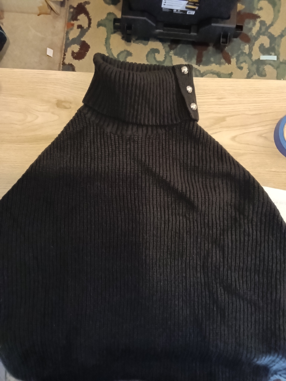 Michael Kors Black Ribbed Turtleneck Pancho Sweater with Side Button Detail